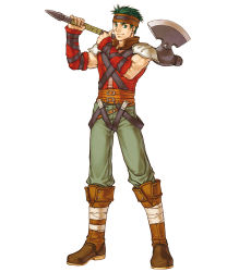 Rule 34 | 1boy, axe, boyd, fire emblem, fire emblem: path of radiance, green eyes, green hair, highres, holding, holding weapon, kita senri, looking at viewer, male focus, matching hair/eyes, nintendo, official art, over shoulder, simple background, solo, weapon, white background