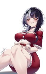 Rule 34 | 1girl, absurdres, bare shoulders, black choker, black hair, blunt bangs, blush, breasts, choker, commentary, dress, english commentary, feet out of frame, fur-trimmed dress, fur trim, grey hair, grin, hair ornament, highres, hololive, hololive english, jellen aura, knees up, large breasts, long hair, looking at viewer, multicolored hair, pom pom (clothes), red dress, santa costume, santa dress, shiori novella, short sleeves, signature, simple background, sitting, smile, solo, split-color hair, stuffed animal, stuffed toy, teddy bear, two-tone hair, virtual youtuber, white background, yellow eyes