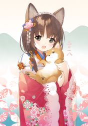 Rule 34 | 1girl, :d, animal, animal ears, blush, brown hair, chinese zodiac, commentary request, dog, dog ears, floral print, flower, grey eyes, hair flower, hair ornament, holding, holding animal, holding dog, japanese clothes, kimono, long hair, looking at viewer, open mouth, original, pink flower, print kimono, red kimono, smile, solo, yamiko, year of the dog