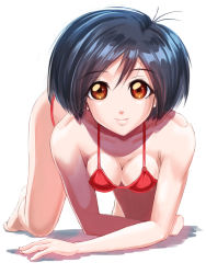 Rule 34 | 1girl, alita, all fours, artist request, battle angel alita, bikini, black hair, breasts, cleavage, cyborg, lips, looking at viewer, red eyes, short hair, smile, solo, swimsuit, white background