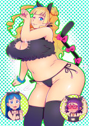 Rule 34 | 3girls, animal ears, bare arms, bare shoulders, black legwear, blonde hair, blue eyes, blue hair, blush, bouncing breasts, breasts, cat ears, cat tail, cleavage, cleavage cutout, clothing cutout, earrings, eyebrows, closed eyes, fake animal ears, fake tail, flat chest, full-face blush, galko, glasses, groin, hair ornament, hair scrunchie, highres, huge breasts, jewelry, legs, long hair, looking at viewer, makeup, matching hair/eyes, medium breasts, motion lines, multiple girls, nail polish, navel, ojou (galko), one eye closed, oshiete! galko-chan, otako (galko), pink nails, plump, purple hair, red-framed eyewear, scrunchie, short hair, side bun, side ponytail, simple background, smile, standing, tail, tetrodotoxin, thighhighs, thighs, wink