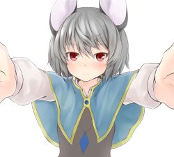 Rule 34 | 1girl, animal ears, blush, capelet, grey hair, jewelry, long sleeves, looking at viewer, mouse ears, nazrin, necklace, netamaru, outstretched arms, red eyes, shirt, short hair, simple background, solo, touhou, upper body, vest, white background