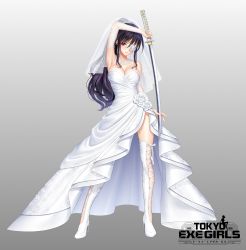Rule 34 | 1girl, arm up, arm warmers, armpits, bare shoulders, black hair, breasts, bridal veil, cleavage, closed mouth, commentary request, dress, eyepatch, floral print, full body, gradient background, high heels, highres, holding, holding sword, holding weapon, katana, large breasts, logo, long hair, looking at viewer, official art, ponytail, re:shimashima, red eyes, side slit, sidelocks, solo, standing, strapless, strapless dress, sword, thighhighs, tokyo exe girls, veil, weapon, wedding dress, white dress, white thighhighs