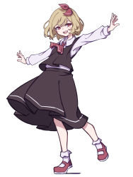 Rule 34 | 1girl, black dress, blonde hair, collared shirt, dress, eyebrows hidden by hair, full body, hair ribbon, highres, kame (kamepan44231), long sleeves, one-hour drawing challenge, outstretched arms, red eyes, red footwear, red neckwear, red ribbon, ribbon, rumia, shirt, short hair, simple background, skirt, smile, solo, spread arms, touhou, white background, white shirt