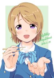 Rule 34 | 1girl, :d, blazer, blue bow, blue jacket, bow, brown hair, buttoned cuffs, buttons, chopsticks, collared shirt, diagonal-striped bow, dress shirt, green background, highres, holding, holding chopsticks, incoming food, jacket, koizumi hanayo, long sleeves, looking at viewer, love live!, love live! school idol project, open mouth, purple eyes, rice, school uniform, sen (sen0910), shirt, short hair, smile, solo, swept bangs, two-tone background, upper body, white background, white shirt