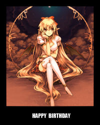 1girl blonde_hair blush boots borrowed_character breasts brown_eyes cleavage cleavage_cutout clothing_cutout cloud crossed_legs demon_girl female_focus large_breasts legs long_hair long_legs moon night onimaru_gonpei original pointy_ears sitting skirt sky solo star_(symbol) thigh_boots thighhighs thighs very_long_hair white_thighhighs wings