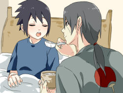 Rule 34 | 2boys, black hair, child, closed eyes, commentary request, cup, feeding, food, indoors, looking at another, male focus, multiple boys, naruto, naruto (series), open mouth, tarou (0514251997), uchiha itachi, uchiha sasuke, under covers, upper body