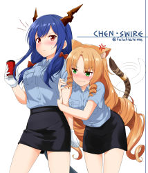 Rule 34 | 2girls, absurdres, alternate costume, anger vein, animal ears, arknights, arm hug, artist name, black skirt, blue hair, blue shirt, blush, bow, breast pocket, can, ch&#039;en (arknights), character name, commentary request, cowboy shot, dragon horns, drill hair, drill sidelocks, fang, fang out, felutiahime, gloves, green eyes, hair between eyes, hair bow, hand up, highres, holding, holding can, horns, leaning forward, long hair, looking at viewer, miniskirt, multiple girls, no headwear, nose blush, orange hair, pencil skirt, pocket, red bow, red eyes, shirt, short sleeves, sidelocks, simple background, skirt, standing, swire (arknights), tail, thighs, tiger ears, tiger tail, twitter username, v-shaped eyebrows, very long hair, white background, white gloves, wing collar