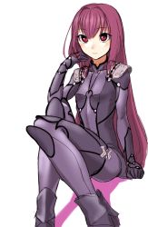 Rule 34 | 1girl, alternate breast size, armor, blush, bodysuit, breasts, closed mouth, fate/grand order, fate (series), gishu, hand up, highres, long hair, looking at viewer, purple bodysuit, red eyes, red hair, scathach (fate), scathach (fate), shoulder armor, simple background, sitting, small breasts, solo, pauldrons, white background