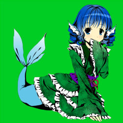 Rule 34 | 1girl, bad id, bad pixiv id, blue eyes, blue hair, blush, cnm, covering own mouth, fins, full body, green background, hand to own mouth, hands in opposite sleeves, head fins, high contrast, japanese clothes, kimono, looking at viewer, matching hair/eyes, mermaid, monster girl, obi, sash, short hair, simple background, solo, touhou, wakasagihime
