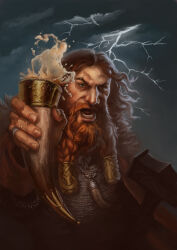 Rule 34 | 1boy, beard, blue eyes, braid, braided beard, commentary, cup, drinking horn, english commentary, facial hair, grey sky, highres, holding, holding cup, jewelry, lightning, long beard, looking at viewer, lower teeth only, medium hair, necklace, open mouth, orange hair, original, outdoors, ring, sarmati, sky, solo, teeth, tooth necklace, upper body, viking