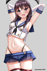 Rule 34 | 1girl, absurdres, arms behind head, black hair, black hairband, black neckerchief, black panties, blue sailor collar, blue skirt, braid, breasts, cosplay, crop top, elbow gloves, gloves, grey background, hair over one eye, hairband, highleg, highleg panties, highres, kantai collection, landing ship no. 101 (kancolle), long hair, looking at viewer, low twintails, microskirt, miniskirt, mizuki (uzuki no sato), neckerchief, panties, pleated skirt, sailor collar, shimakaze (kancolle), shimakaze (kancolle) (cosplay), shirt, simple background, skirt, sleeveless, sleeveless shirt, small breasts, smile, solo, striped clothes, striped thighhighs, thighhighs, twin braids, twintails, twitter username, underwear, white gloves
