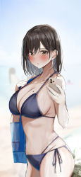 Rule 34 | 2girls, bag, bikini, blue bikini, blurry, blurry background, blush, breasts, brown eyes, brown hair, cellphone, commentary request, hair between eyes, highres, holding, holding bag, holding phone, large breasts, looking at viewer, mole, mole on breast, multiple girls, navel, original, phone, rouka (akatyann), short hair, side-tie bikini bottom, solo focus, swimsuit, wet, wet hair