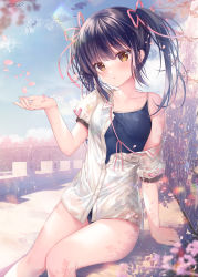 Rule 34 | 1girl, absurdres, bare shoulders, black hair, black one-piece swimsuit, blue sky, blush, breasts, brown eyes, cloud, collared shirt, commentary request, day, dress shirt, feet out of frame, hair ribbon, hand up, highres, kodama haruka, looking at viewer, off shoulder, one-piece swimsuit, outdoors, parted lips, petals, pink ribbon, puffy short sleeves, puffy sleeves, ribbon, see-through, shirt, short sleeves, signature, sky, small breasts, solo, sousouman, swimsuit, swimsuit under clothes, thighs, twinbox school, twintails, wet, wet clothes, wet shirt, white shirt