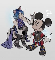 Rule 34 | 1girl, aqua (kingdom hearts), black thighhighs, blue eyes, blue hair, blush, closed eyes, detached sleeves, disney, fingerless gloves, gloves, highres, kemonomimi mode, kingdom hearts, kingdom hearts birth by sleep, laughing, mickey mouse, oimo (oimkimn), short hair, square enix, thighhighs, white gloves, wings, zettai ryouiki