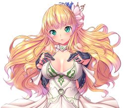 Rule 34 | 00s, 1girl, bad id, bad pixiv id, bare shoulders, blonde hair, blush, breasts, breasts apart, cleavage, dress, dungeon and fighter, elven knight (dungeon and fighter), floating hair, flower, gauntlets, green eyes, hair flower, hair ornament, hands on own chest, highres, knight (dungeon and fighter), long hair, looking at viewer, neck ribbon, parted lips, pointy ears, ranken, ribbon, solo, sweat, upper body