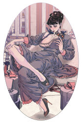 Rule 34 | 1girl, absurdres, black eyes, black footwear, black hair, black nails, breasts, chair, crossed legs, dress, frilled dress, frills, full body, grey dress, high heels, highres, indoors, jewelry, jjjj h 9, large breasts, long sleeves, mole, mole under eye, necklace, original, outline, pink nails, solo, white outline
