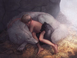 Rule 34 | 1boy, animal, animal focus, barefoot, cave, closed eyes, commentary, english commentary, family, full body, highres, male focus, nude, original, sharaiza, short hair, sleeping, snowing, solo, toes, topless male, traditional media, white wolf, wolf
