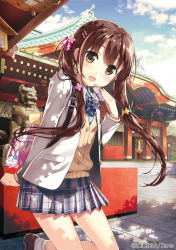 Rule 34 | 1girl, :d, architecture, arm behind back, bag, blazer, blue sky, blush, bow, bowtie, brown eyes, brown footwear, brown hair, buckle, building, buttons, charm (object), cloud, commentary request, copyright request, day, east asian architecture, flower, fujima takuya, grey skirt, hair flower, hair ornament, hairclip, handbag, holding, jacket, lantern, leg up, loafers, long hair, long sleeves, looking at viewer, miniskirt, open clothes, open jacket, open mouth, plaid, plaid skirt, pleated skirt, school uniform, shade, shoes, shrine, skirt, sky, smile, socks, solo, stairs, standing, standing on one leg, striped bow, striped bowtie, striped clothes, striped neckwear, sunlight, twintails, white jacket, white socks, wing collar