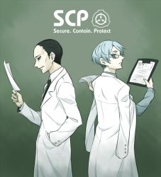 Rule 34 | 2boys, black hair, blue eyes, blue hair, clipboard, copyright name, gears (scp), glasses, gradient background, hand in pocket, iceberg (scp), lab coat, logo, looking back, male focus, multiple boys, necktie, paper, puyora, scp foundation