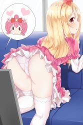 Rule 34 | 10s, 1girl, all fours, ass, blonde hair, blush, bow, brown eyes, commentary request, couch, dress, eromanga sensei, eyebrows, hair bow, highres, lolita fashion, long hair, long sleeves, looking at viewer, looking back, nenosame (nenosame5 ), open mouth, panties, pink dress, revision, solo, thighhighs, underwear, white panties, white thighhighs, yamada elf, yuri