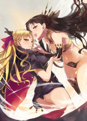 Rule 34 | 2girls, ass, asymmetrical legwear, asymmetrical sleeves, bikini, black bikini, black cape, black dress, black hair, black legwear, black panties, black ribbon, blonde hair, breasts, cape, ceda (dace), commentary request, dress, earrings, ereshkigal (fate), fate/grand order, fate (series), from side, fur-trimmed cape, fur trim, gold trim, hair ribbon, highres, hoop earrings, ishtar (fate), jewelry, long hair, looking at viewer, medium breasts, multiple girls, open mouth, panties, parted bangs, parted lips, purple ribbon, red eyes, ribbon, short dress, siblings, single thighhigh, sisters, swimsuit, teeth, thighhighs, tiara, tohsaka rin, two side up, underwear, uneven legwear, uneven sleeves, wind