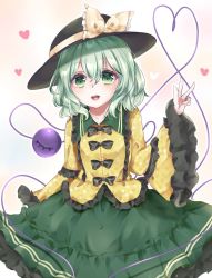 Rule 34 | 1girl, aqua hair, blouse, bow, commentary request, cowboy shot, flower, frilled shirt, frilled skirt, frilled sleeves, frills, gradient background, green eyes, green skirt, hair between eyes, hat, hat flower, hat ribbon, head tilt, heart, heart of string, highres, komeiji koishi, long sleeves, looking at viewer, open mouth, pink background, polka dot, polka dot shirt, ribbon, shirt, short hair, skirt, solo, teeth, third eye, touhou, upper teeth only, v, wide sleeves, yellow shirt, yuria (kittyluv)