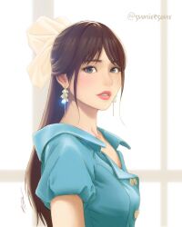Rule 34 | 1girl, blue jacket, bow, breasts, brown hair, clip studio paint (medium), collarbone, earrings, from side, grey eyes, hair bow, highres, jacket, jewelry, kondo koji (kojikon), looking at viewer, medium breasts, parted lips, pink lips, real life, sawa sumire, short sleeves, solo, twitter username, window, yellow bow