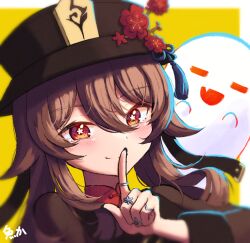 Rule 34 | 1girl, boo tao (genshin impact), border, brown coat, brown eyes, brown hair, brown hat, closed mouth, coat, commentary request, finger to mouth, flower, flower-shaped pupils, genshin impact, hair between eyes, hat, hat flower, hu tao (genshin impact), index finger raised, jewelry, long sleeves, multiple rings, open mouth, outside border, porkpie hat, ring, ryan (ritenichi), signature, simple background, smile, symbol-shaped pupils, upper body, white border, yellow background