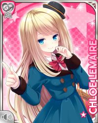 Rule 34 | 1girl, blonde hair, blue eyes, bow, card, character name, chloe lemaire, closed mouth, dress, girlfriend (kari), green dress, hat, long hair, official art, pink background, qp:flapper, red bow, smile, solo, tagme
