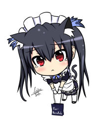 Rule 34 | 10s, 1girl, apron, bad deviantart id, bad id, black hair, blush, chibi, frown, long hair, looking at viewer, maid, maid apron, maid headdress, neptune (series), noire (neptunia), red eyes, ribbon, solo, tears, twintails