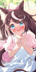 Rule 34 | 1girl, :d, absurdres, animal ears, blue eyes, blue nails, blurry, blurry foreground, blush, bow, brown hair, commentary request, day, depth of field, dress, hair bow, hands up, highres, horse ears, horse girl, horse tail, light particles, long hair, looking at viewer, multicolored hair, nail polish, open mouth, outdoors, own hands together, pink bow, pink sleeves, ponytail, saboten mushi, short sleeves, smile, solo, standing, streaked hair, sweatdrop, tail, tokai teio (umamusume), tree, umamusume, very long hair, white bow, white dress, white hair