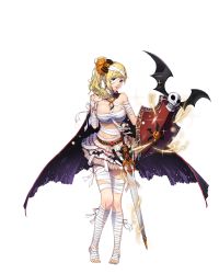 Rule 34 | artist request, bandaged head, bandages, bat (animal), bat wings, blonde hair, blue eyes, bow, cape, elise (royal flush heroes), feet, full body, hair bow, halloween, highres, holding, holding weapon, jack-o&#039;-lantern, long hair, looking at viewer, navel, parted lips, royal flush heroes, shield, side ponytail, skirt, skull, solo, sword, toes, transparent background, weapon, wings
