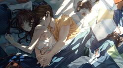 Rule 34 | 1boy, 1girl, bare shoulders, bed, bed sheet, bedroom, book, breasts, brown hair, cleavage, closed eyes, closed mouth, controller, from above, game controller, green eyes, half-closed eyes, highres, hug, hug from behind, indoors, jingsang w, long hair, luke pearce (tears of themis), lying, medium breasts, on side, one eye closed, open mouth, pillow, rosa (tears of themis), shadow, shirt, short hair, short sleeves, sleeping, sleeveless, sleeveless shirt, tears of themis, white shirt, yellow shirt