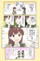 Rule 34 | 10s, 2girls, :d, ^ ^, black legwear, braid, closed eyes, comic, commentary request, green skirt, hair over shoulder, heart, highres, kantai collection, kitakami (kancolle), multiple girls, ooi (kancolle), open mouth, pleated skirt, school uniform, serafuku, short sleeves, simple background, single braid, skirt, smile, sweat, translation request, yatsuhashi kyouto