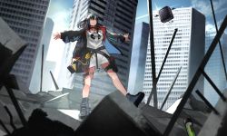 Rule 34 | 1girl, absurdres, arknights, belt, black choker, black hair, black jacket, black socks, building, choker, city, closure (arknights), collarbone, commentary request, cube, highres, jacket, long hair, long shirt, long sleeves, open clothes, open jacket, pointy ears, pouch, red eyes, rubble, shirt, shoes, socks, solo, thigh pouch, utility belt, white shirt, yoshio (55level)