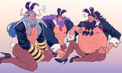 Rule 34 | 3boys, abs, alternate costume, alternate hairstyle, animal ears, arrow (symbol), avalo pizarro, bara, bare pectorals, beard, belly, black hair, blue hair, blush, body hair, bow, bowtie, bulge, rabbit ears, rabbit tail, chest hair, crossdressing, detached collar, embarrassed, eye mask, facial hair, fake animal ears, fake tail, fat, flying sweatdrops, full body, gauntlets, hair ribbon, hairband, heart pasties, high heels, high ponytail, horns, jacket, jesus burgess, jewelry, leg hair, long hair, long sleeves, male focus, marshall d. teach, mask, missing tooth, multiple boys, muscular, muscular male, necktie, one piece, open clothes, open jacket, panties, pasties, pectorals, purple hair, ribbon, ring, shoes, sitting, squiggle, stomach, sweat, tail, thighhighs, translation request, twitter username, underwear, youkan (tako)