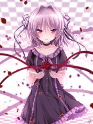 Rule 34 | 1girl, 2024, adapted costume, bell, black choker, black dress, black ribbon, blurry, blurry background, blush, bow, center frills, chaamii, checkered background, choker, closed mouth, collarbone, commentary request, dated commentary, dress, eyes visible through hair, falling petals, feet out of frame, fingernails, floating hair, flower, frilled dress, frilled sleeves, frills, gothic lolita, grey hair, hair bell, hair between eyes, hair intakes, hair ornament, hair ribbon, hands up, hapymaher, highres, jingle bell, lolita fashion, long hair, long ribbon, medium hair, naitou maia, petals, plant, puffy short sleeves, puffy sleeves, purple bow, red eyes, red flower, red ribbon, red rose, ribbon, rose, rose petals, short sleeves, signature, simple background, slit pupils, smile, solo, straight-on, tsurime, two side up, vines