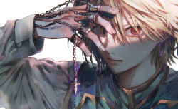 Rule 34 | 1boy, absurdres, blonde hair, blue eyes, chain, closed mouth, commentary, earrings, expressionless, fingernails, hair over one eye, hand up, heterochromia, highres, huge filesize, hunter x hunter, jewelry, kurapika, long sleeves, looking at viewer, male focus, multiple rings, orokudesu, portrait, red eyes, ring, short hair, simple background, solo, tabard, white background