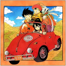 Rule 34 | 1girl, 2boys, :d, arm support, bag, bare arms, bare shoulders, black eyes, black hair, blue sky, blunt bangs, border, box, bracelet, capsule corp, car, chi-chi (dragon ball), cloud, cloudy sky, convertible, couple, day, dougi, dragon ball, dragon ball (object), dragonball z, driving, family, father and son, fingernails, floating hair, full body, grass, hair bun, hand on another&#039;s waist, happy, hat, hetero, highres, jewelry, long sleeves, looking afar, looking at another, messy hair, monkey tail, mother and son, motor vehicle, mountain, multiple boys, nature, neckerchief, open mouth, orange border, orange neckerchief, outdoors, outside border, package, red headwear, rock, shopping bag, sidelocks, single hair bun, sitting, sitting on person, sitting on shoulder, sky, smile, son gohan, son goku, tail, teeth, toritoki (trig tkdb), upper teeth only, v-shaped eyebrows, vehicle focus