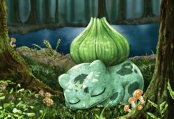 Rule 34 | animal focus, bulbasaur, claws, closed eyes, closed mouth, creatures (company), dl 90 p, forest, game freak, gen 1 pokemon, highres, korean commentary, lake, moss, mushroom, nature, nintendo, no humans, nostrils, on grass, outdoors, pokemon, pokemon (creature), sleeping, solo, tree, under tree