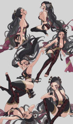 Rule 34 | absurdres, arm support, arms up, bare shoulders, beads, black hair, black panties, blush, breasts, brown eyes, daki (kimetsu no yaiba), eyeliner, facial mark, floating hair, frown, geta, grey background, grin, hair beads, hair ornament, hair pulled back, hair stick, highres, jumping, kimetsu no yaiba, kneeling, lace, lace legwear, lace panties, legs up, lipstick, long hair, looking at viewer, looking away, looking down, looking to the side, looking up, makeup, multiple views, nail polish, navel, no shoes, obi, outstretched arm, panties, parted lips, peach luo, ponytail, pout, profile, revealing clothes, sash, side-tie panties, sidelocks, simple background, sitting, smile, text in eyes, toeless legwear, toenail polish, toenails, underwear, very long hair, wariza
