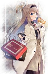 Rule 34 | 1girl, absurdres, artist name, bag, black shirt, blonde hair, blue eyes, blush, brown jacket, brown skirt, closed mouth, coat, cup, drink, drinking, drinking straw, hand up, headband, highres, holding, holding bag, holding cup, holding phone, jacket, long hair, long sleeves, original, outdoors, phone, rumeha (aormsj22), shirt, shopping bag, skirt, solo, standing, trench coat, window, winter