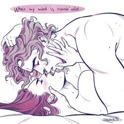 Rule 34 | 1boy, 1girl, closed eyes, commentary, curly hair, english commentary, english text, facial hair, hetero, imminent kiss, ithilnaur, limited palette, lyrics, mole, mole under mouth, multiple moles, nude, open mouth, original, signature