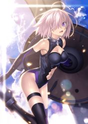 Rule 34 | 1girl, ahoge, armpits, bare shoulders, black thighhighs, bodysuit, breasts, cleavage, cleavage cutout, clothing cutout, cloud, day, elbow gloves, fate/grand order, fate (series), gloves, hair over one eye, high heels, highleg, highleg leotard, holding, holding shield, impossible clothes, impossible leotard, leg up, lens flare, leotard, looking at viewer, mash kyrielight, medium breasts, midriff, navel, navel cutout, official art, open mouth, purple bodysuit, purple eyes, purple gloves, purple hair, purple thighhighs, revealing clothes, shield, short hair, skin tight, sky, sleeveless, smile, solo, sweat, takeuchi takashi, thigh strap, thighhighs