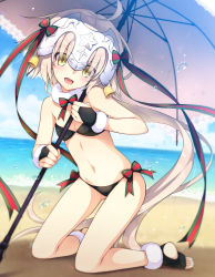 Rule 34 | 1girl, adapted costume, ahoge, alternate costume, ass, barefoot, beach, bell, bikini, black bikini, black legwear, blonde hair, blurry, blush, bow, breasts, cleavage, day, depth of field, fate/grand order, fate (series), green bow, green ribbon, headpiece, holding, holding umbrella, jeanne d&#039;arc (fate), jeanne d&#039;arc alter (fate), jeanne d&#039;arc alter santa lily (fate), kneeling, long hair, looking at viewer, navel, ocean, open mouth, outdoors, red bow, red ribbon, ribbon, saipaco, small breasts, smile, solo, striped bow, striped ribbon, swimsuit, teeth, thighs, toeless legwear, toes, umbrella, very long hair, yellow eyes