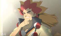 Rule 34 | 1boy, alder (pokemon), arm hair, clenched teeth, closed eyes, commentary request, creatures (company), game freak, hair tie, hand on own chin, hand up, jewelry, lens flare, long hair, male focus, multicolored hair, necklace, nintendo, orange hair, pokemon, pokemon bw, ponytail, red hair, sanwari (aruji yume), smile, solo, stroking own chin, teeth, two-tone hair