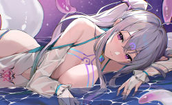 Rule 34 | 1girl, absurdres, bare shoulders, black pantyhose, black thighhighs, blush, breasts, chest tattoo, copyright request, dress, forehead tattoo, highres, indie virtual youtuber, jintianhuahualema, large breasts, looking at viewer, lying, pantyhose, purple eyes, shizukou, smile, tagme, tattoo, tentacles, thighhighs, thighs, virtual youtuber, white dress