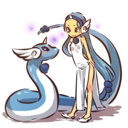Rule 34 | 1990s (style), 1girl, blue eyes, blue hair, blush stickers, china dress, chinese clothes, creatures (company), dragon, dragonair, dress, game freak, gen 1 pokemon, hairband, head wings, hitec, horns, long hair, moemon, nintendo, personification, pokemon, pokemon (creature), pokemon rgby, retro artstyle, shadow, simple background, single horn, standing, very long hair, wings