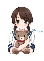 Rule 34 | 1girl, bad id, bad pixiv id, blue sailor collar, brown eyes, brown hair, hoshino kagari, kantai collection, low twintails, parted bangs, sailor collar, school uniform, serafuku, shirayuki (kancolle), short twintails, simple background, solo, stuffed animal, stuffed toy, teddy bear, twintails, twitter username, upper body, white background